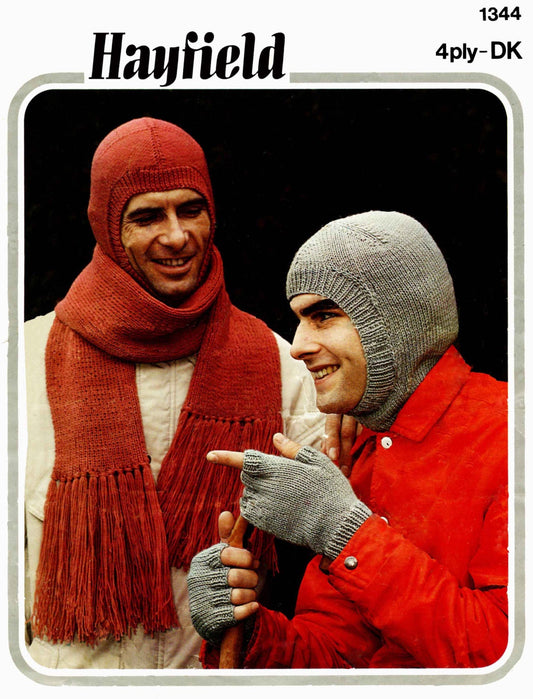 Men's Hat / Helmet and Scarf, 4ply & DK, 70s Knitting Pattern, Hayfield 1344
