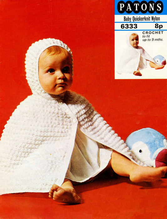 Baby Hooded Cape, up to 9 months, Sport weight, 70s Crochet Pattern, Patons 6333