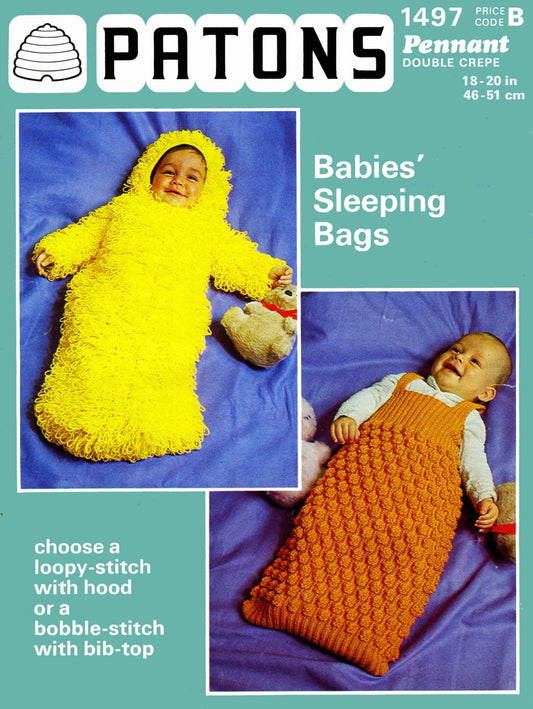 Baby Sleeping Bag, 18"-20" Chest, DK, 80s Knitting Pattern, Patons 1497