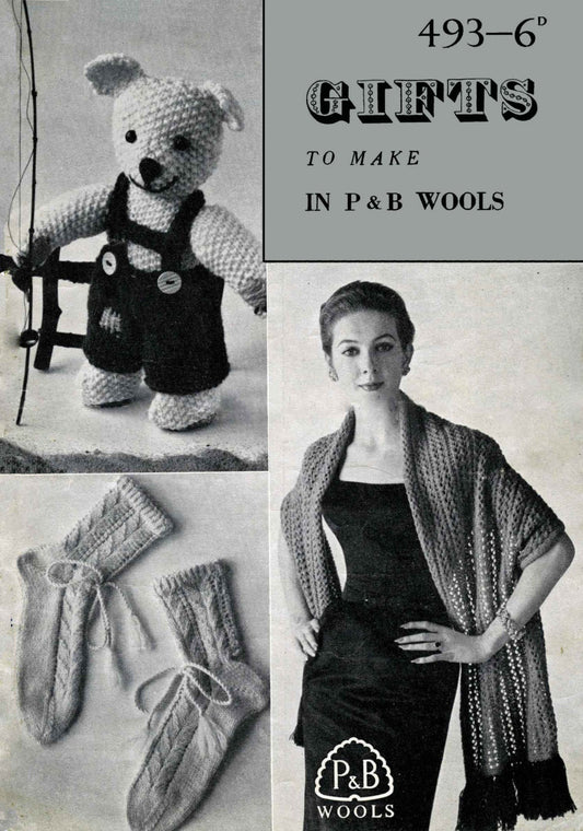 Gift Ideas, Ladies Stole, Hot Water Bottle Cover, Teddy Bear, Tea Cosy, Bed Socks, 4ply, 50s Knitting Pattern, P&B 493