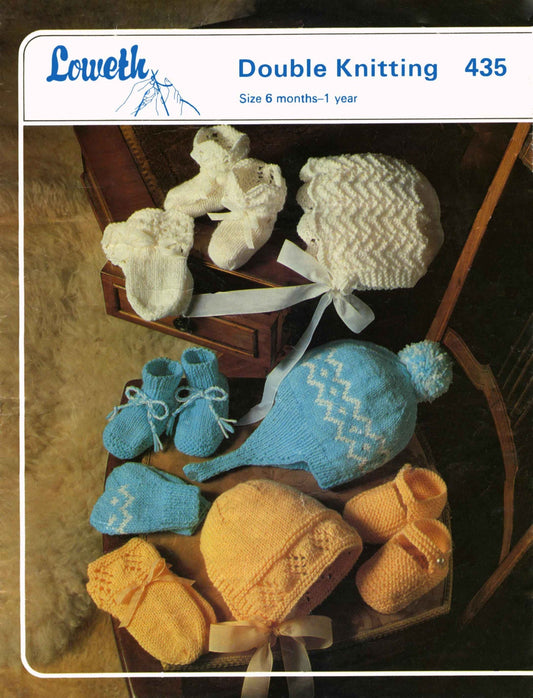Baby Bootees, Bonnet, Mitts, Hats and Helmets, 6 months - 1 year, DK, 80s Knitting Pattern, Loweth 435