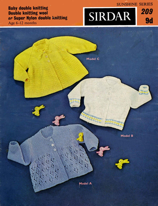 Baby Matinee Coat / Cardigan in 3 Styles, 6-12 months, DK, 60s Knitting Pattern, Sirdar 209