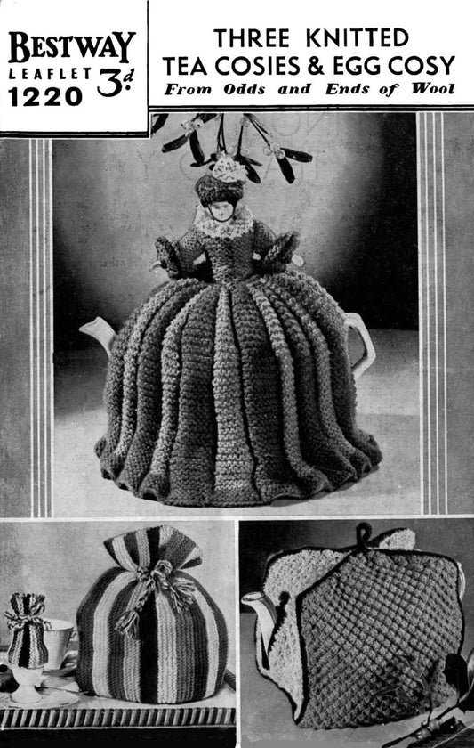 Tea Cosy and Egg Cosy in Three Styles, 2ply, 3ply, 4ply, 50s Knitting Pattern, Bestway 1220