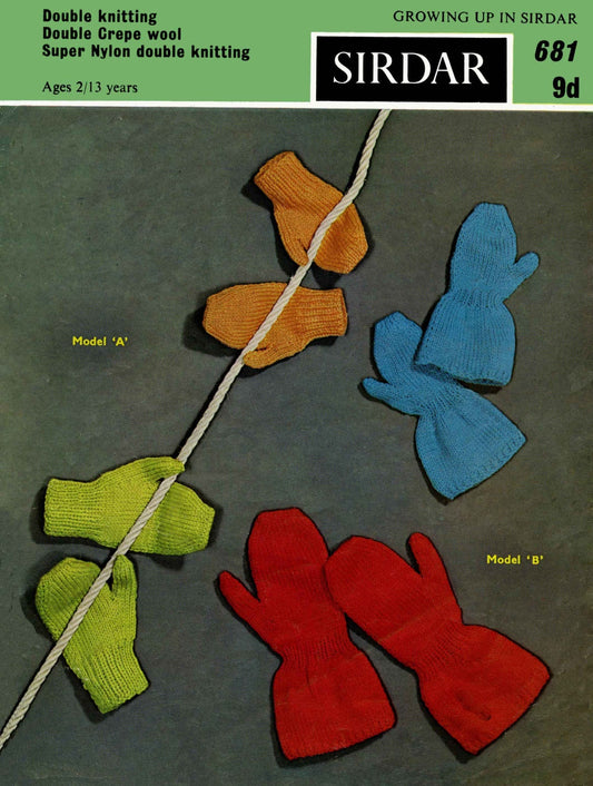 Children's Mittens for 2 to 13 years, DK, 60s Knitting Pattern, Sirdar 681