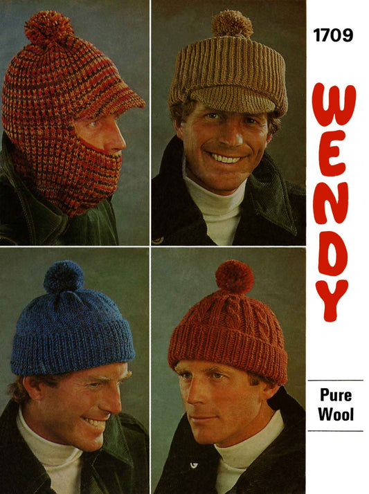 Mens Hats in Three Styles, 4ply, DK, & Chunky, 70s Knitting Pattern, Wendy 1709