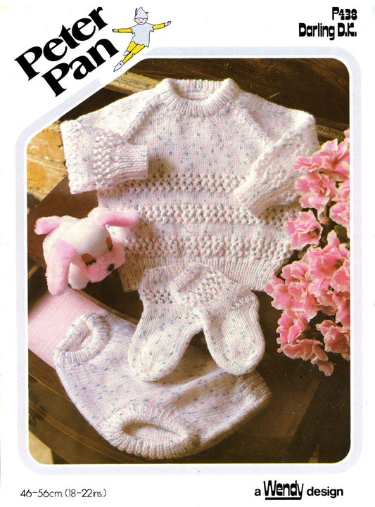 Baby Set, Sweater / Jumper, Pants and Socks, 18"-22" Chest, DK, 80s Knitting Pattern, Wendy 438
