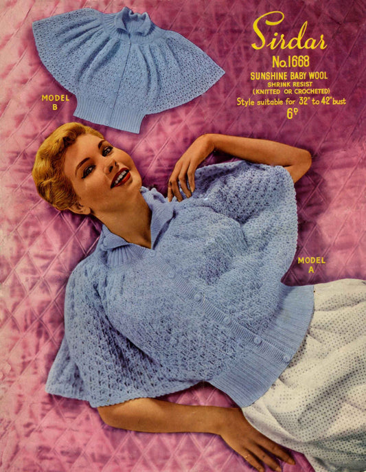 Ladies Bed Jacket, 32"-42" Bust, 3ply, 50s Knitting Pattern & Crochet Pattern, Sirdar 1668