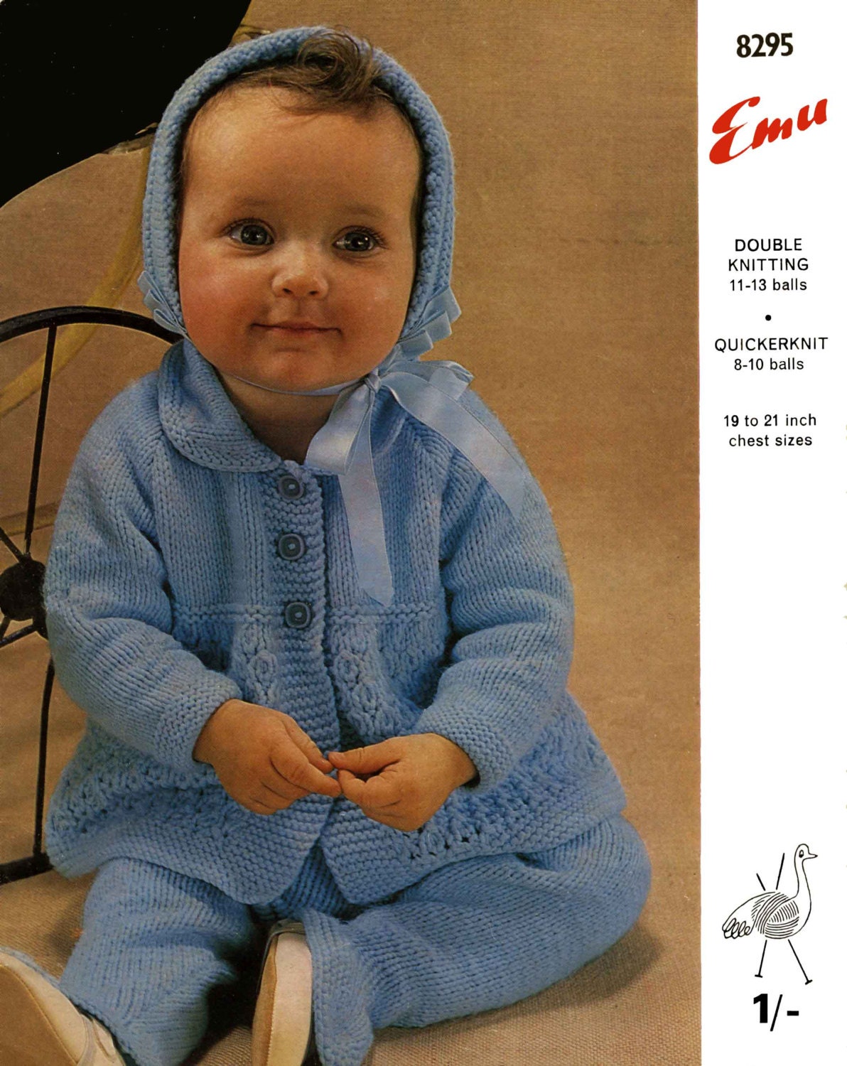 Baby Pram Set Coat / Cardigan, Leggings, Bonnet, 19"-21" Chest, DK, 60s Knitting Pattern, Emu 8295