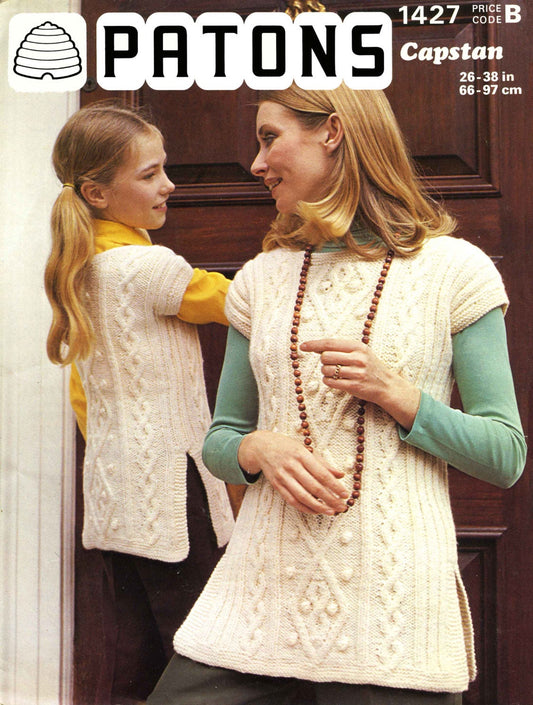 Ladies and Girl's Tunic, 26"-38" Chest, Aran, 70s Knitting Pattern, Patons 1427