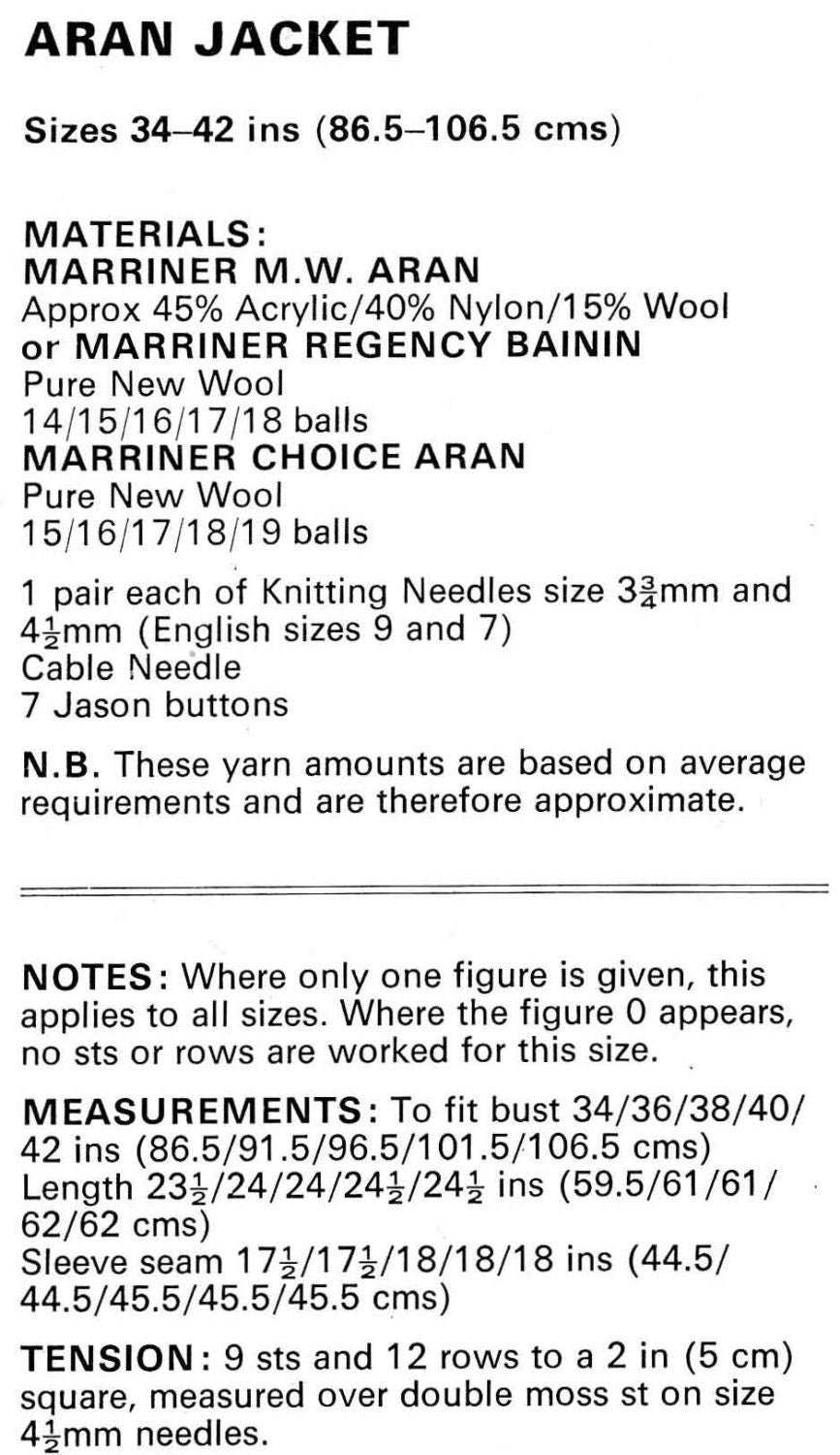 Ladies Aran Jacket / Cardigan, 34"-42" Bust, 70s Knitting Pattern, Marriner 1864