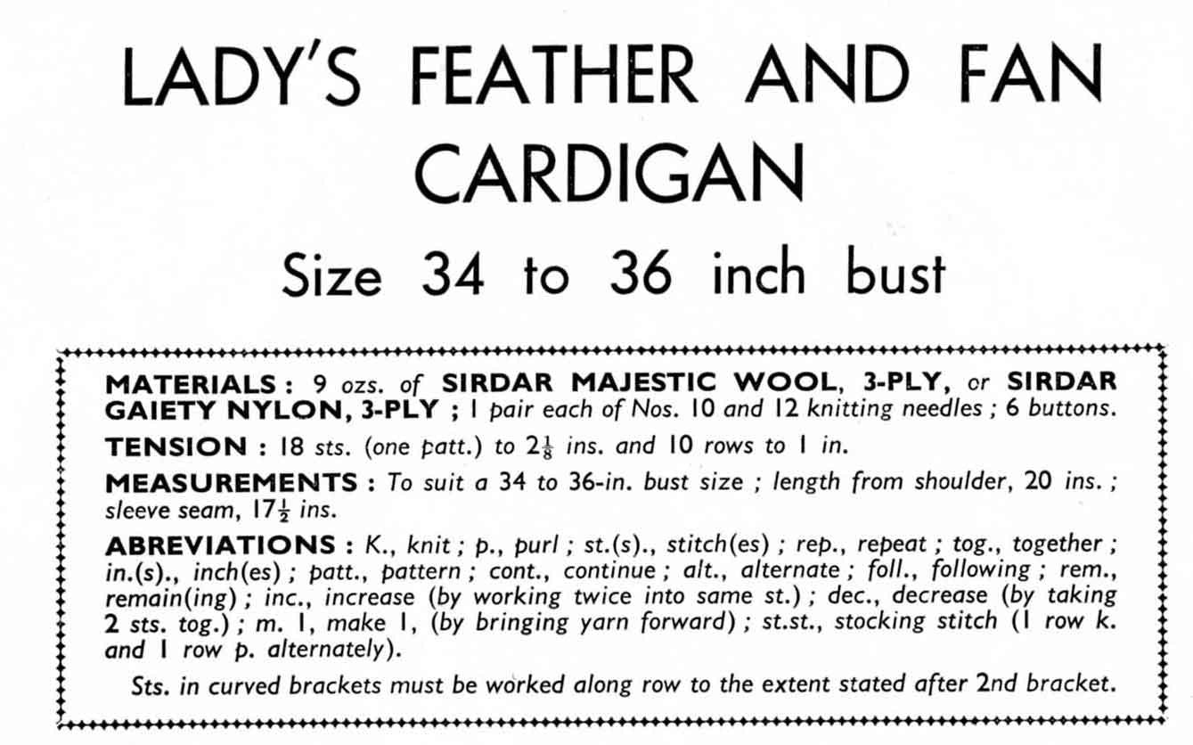 Ladies Feather Fan Cardigan, 34"-36" Bust, 3ply, 60s Knitting Pattern, Bestway 3628