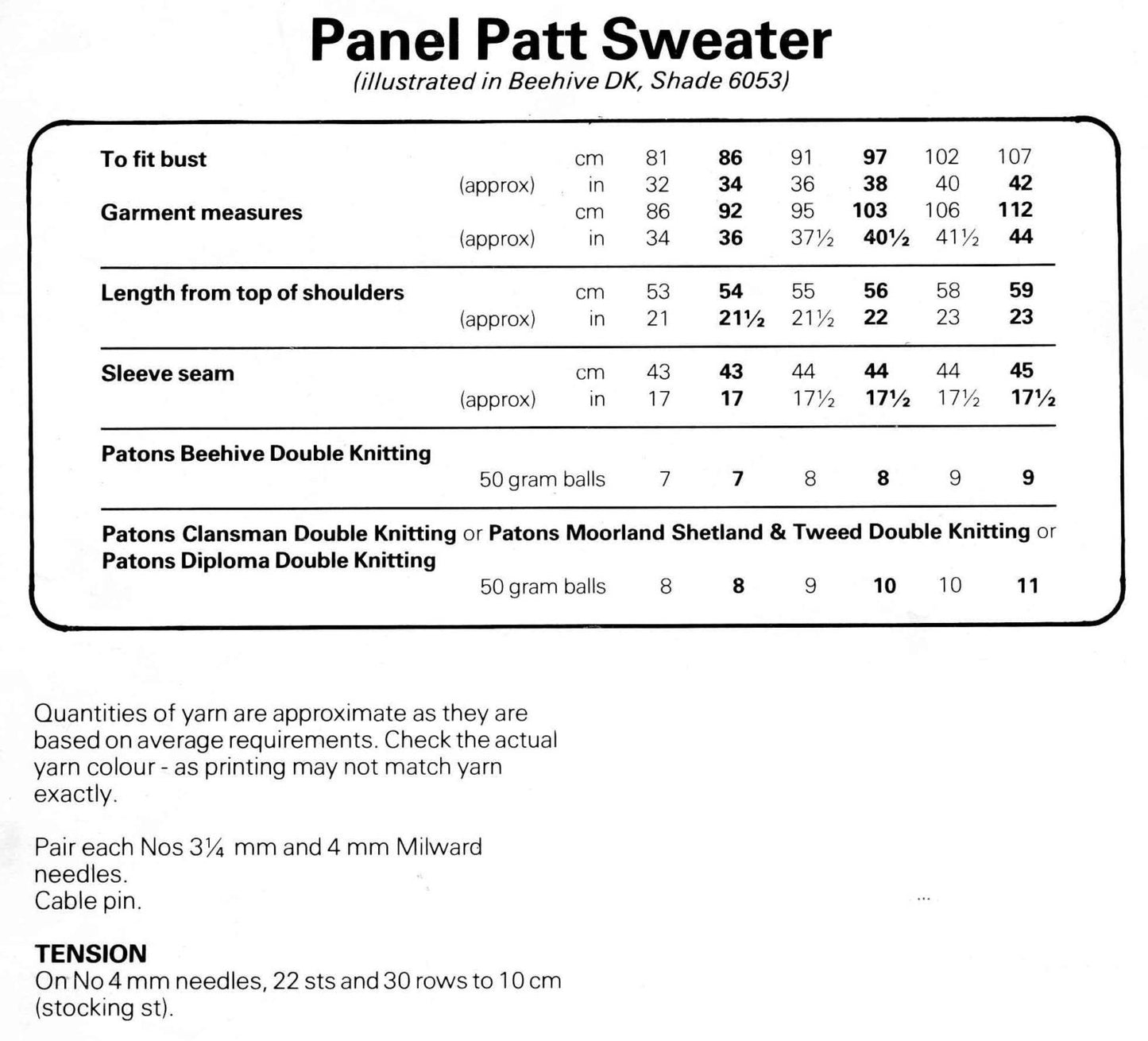 Ladies Panel Patt Sweater / Jumper, 32"-42" Bust, DK, 80s Knitting Pattern, Patons 7773