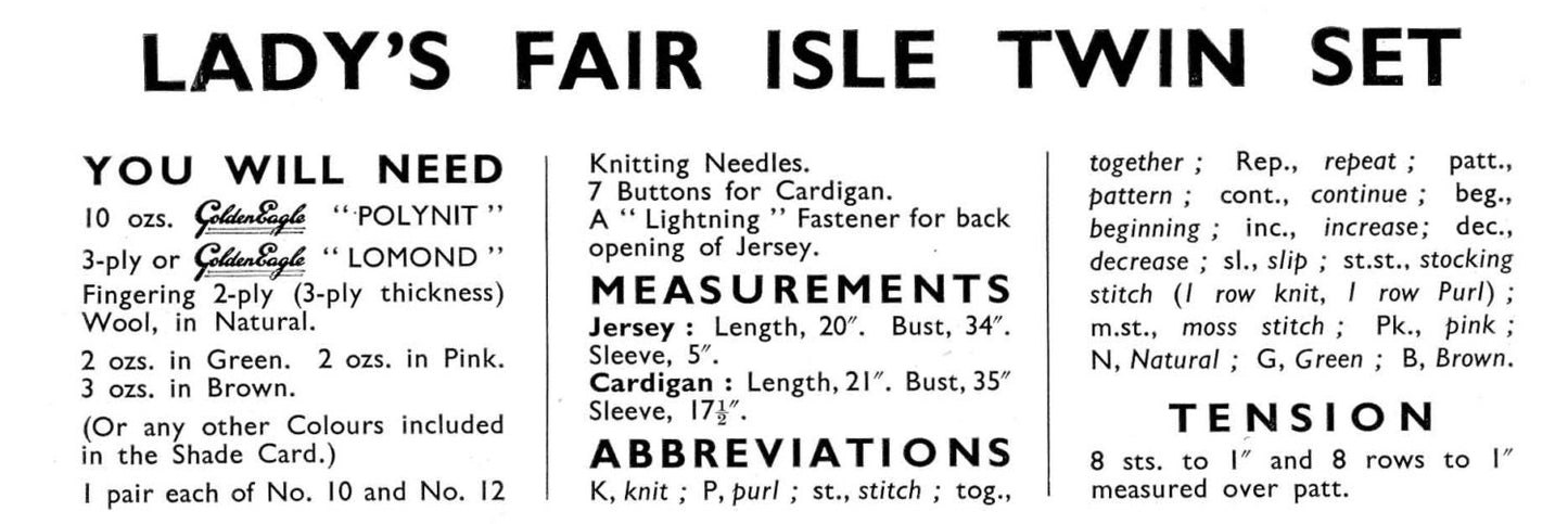 Ladies Fair Isle Twin Set, 34" Bust, 3ply, 50s Knitting Pattern, Golden Eagle 885