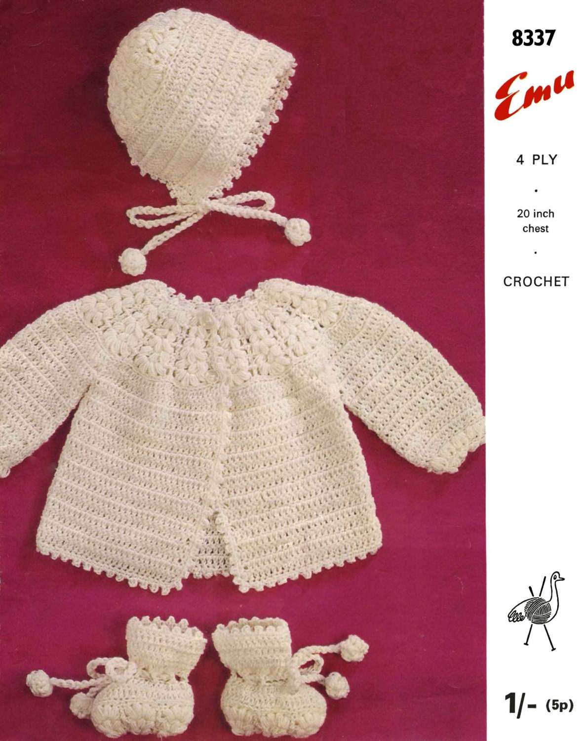 Baby Coat / Cardigan, Bonnet and Bootees, 20" Chest, 4ply, 70s Crochet Pattern, Emu 8337