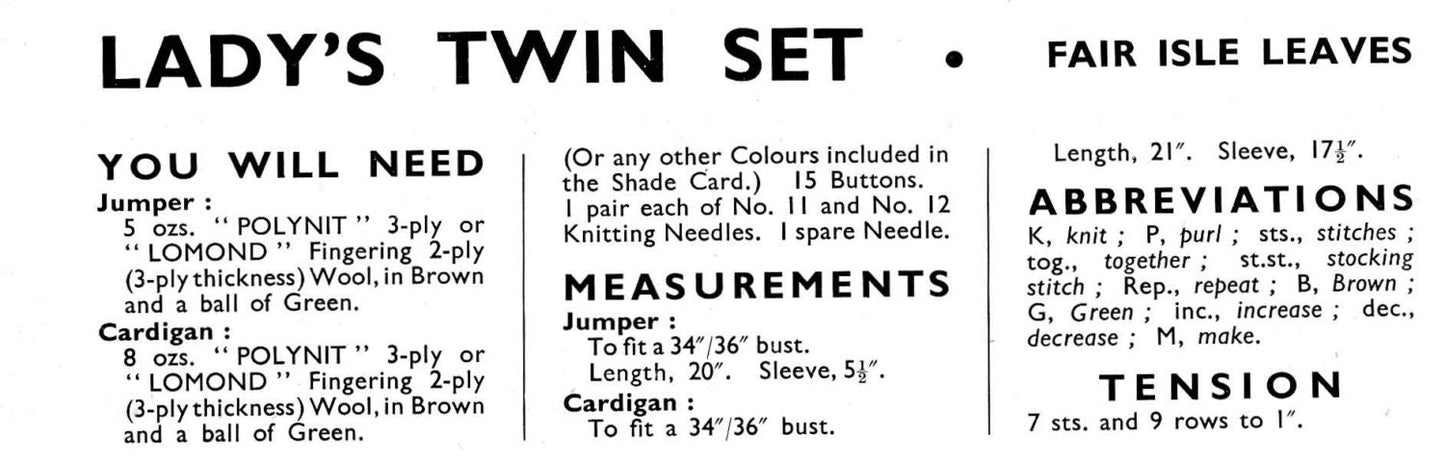 Ladies Twin Set - Jumper and Cardigan, Fair Isle Leaf Pattern, Bust 34"/36", 50s Knitting Pattern, Golden Eagle 864