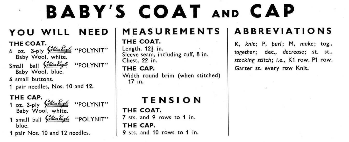 Baby Matinee Coat / Cardigan and Cap, 22" Chest, 3ply, 50s Knitting Pattern, Golden Eagle 873