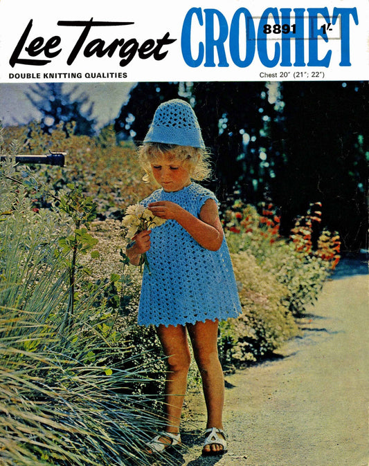 Girl's Dress and Matching Hat, 20", 21", 22" Chest, DK, 60s Crochet Pattern, Lee Target 8891