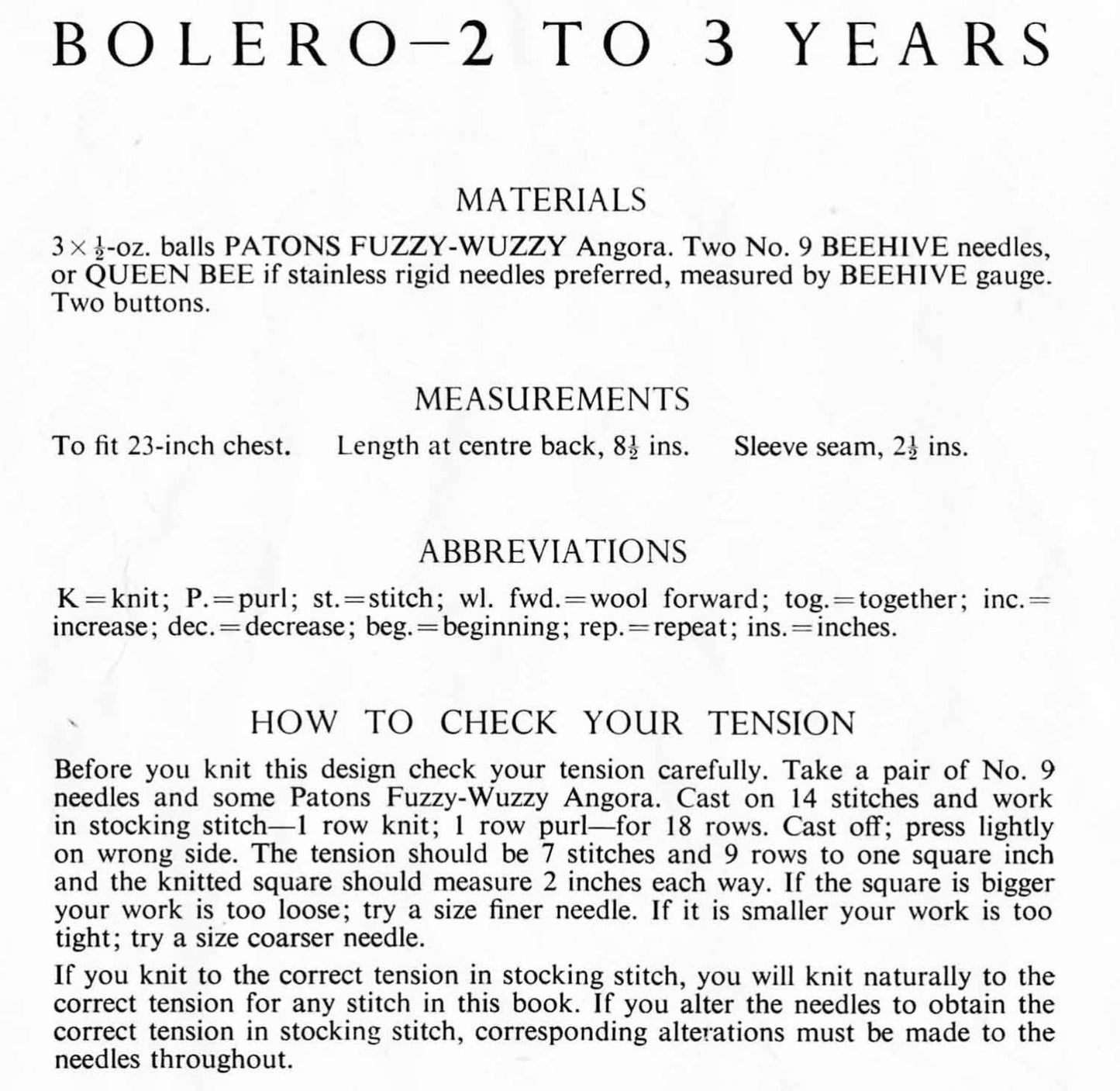 Girls Bolero, 2-3 years 23" Chest, 4ply, 50s Knitting Pattern, P&B 829