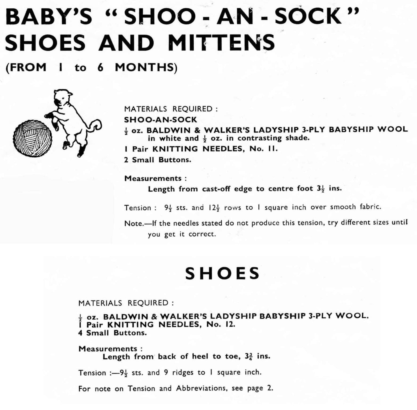 Baby Shoes, Socks, & Mittens, 1-6 months, 3ply, 50s Knitting Pattern, Ladyship 3138