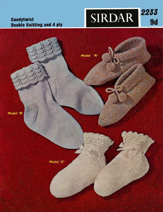 Bedroom Slippers and Bedsocks, 4ply & DK, 60s Knitting Pattern, Sirdar 2233