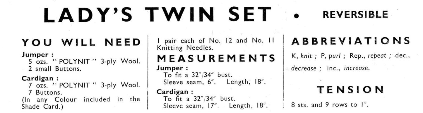 Ladies Twin Set, Jumper and Cardigan, 32"-34" Bust, 3ply, 40s Knitting Pattern, Golden Eagle 795
