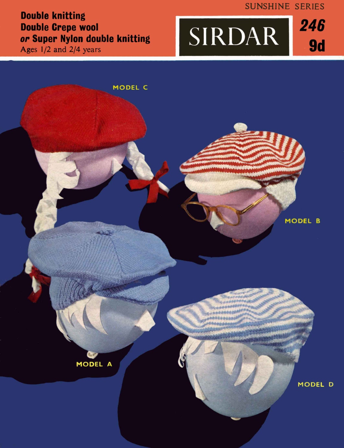 Childrens Flat Caps / Hats in Four Styles, 1/2 & 2/4 years, DK, 60s Knitting Pattern, Sirdar 246