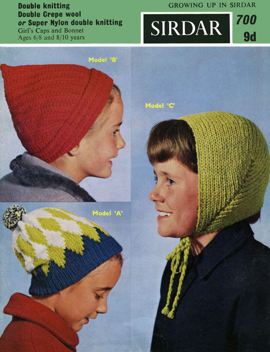 Girls Cap, Hat and Bonnet, 6/8 years & 8/10 years, DK, 60s Knitting Pattern, Sirdar 700