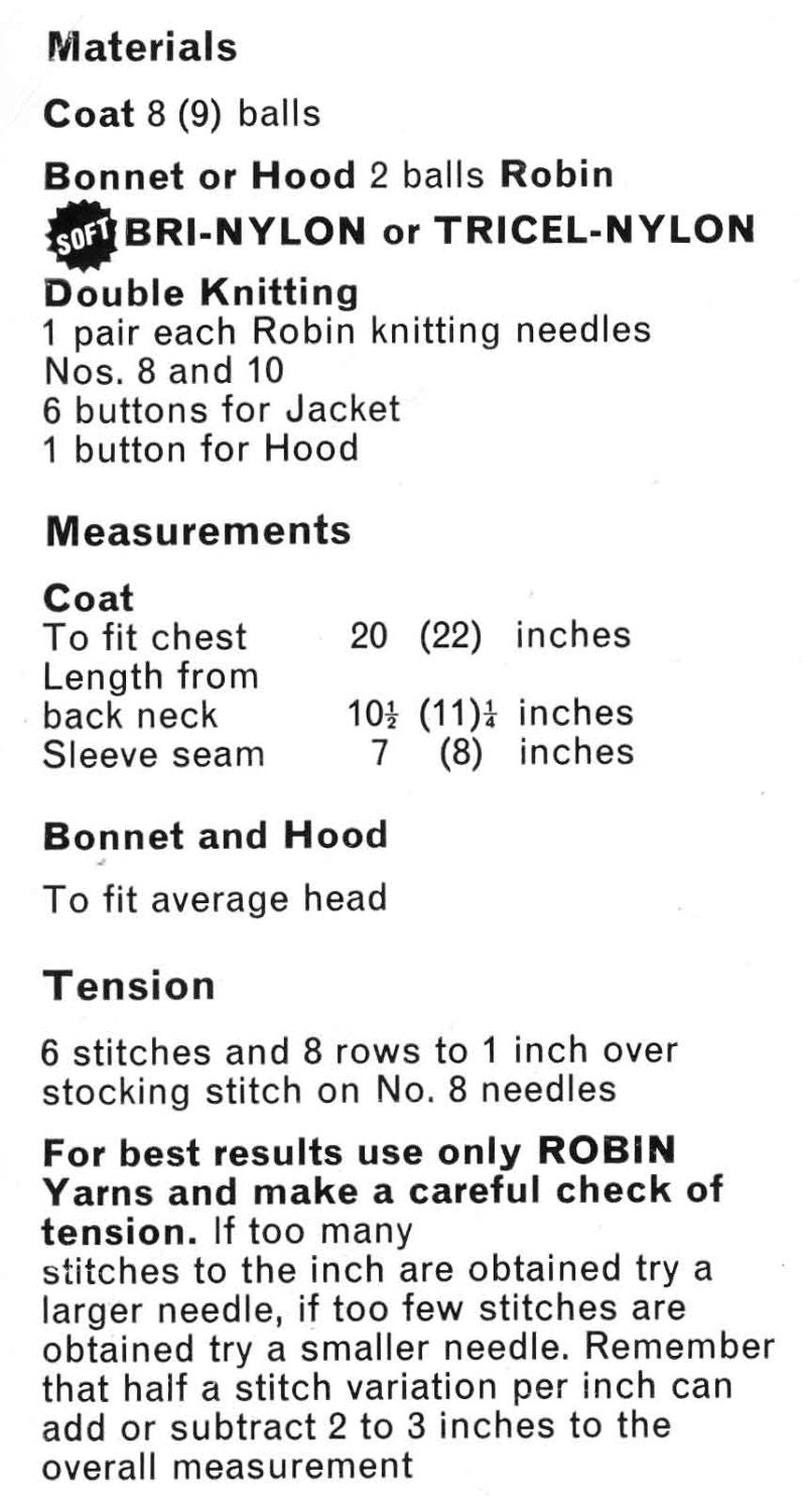 Baby Set, Coat, Bonnet & Hood, 20"-22" Chest, DK, 70s Knitting Pattern, Robin 1428