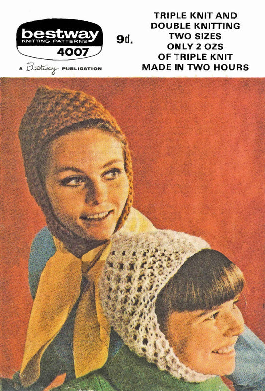 Ladies and Girls 12-15 years, Helmet, DK, Knitted with a Crochet Look, 60s Knitting Pattern, Bestway 4007