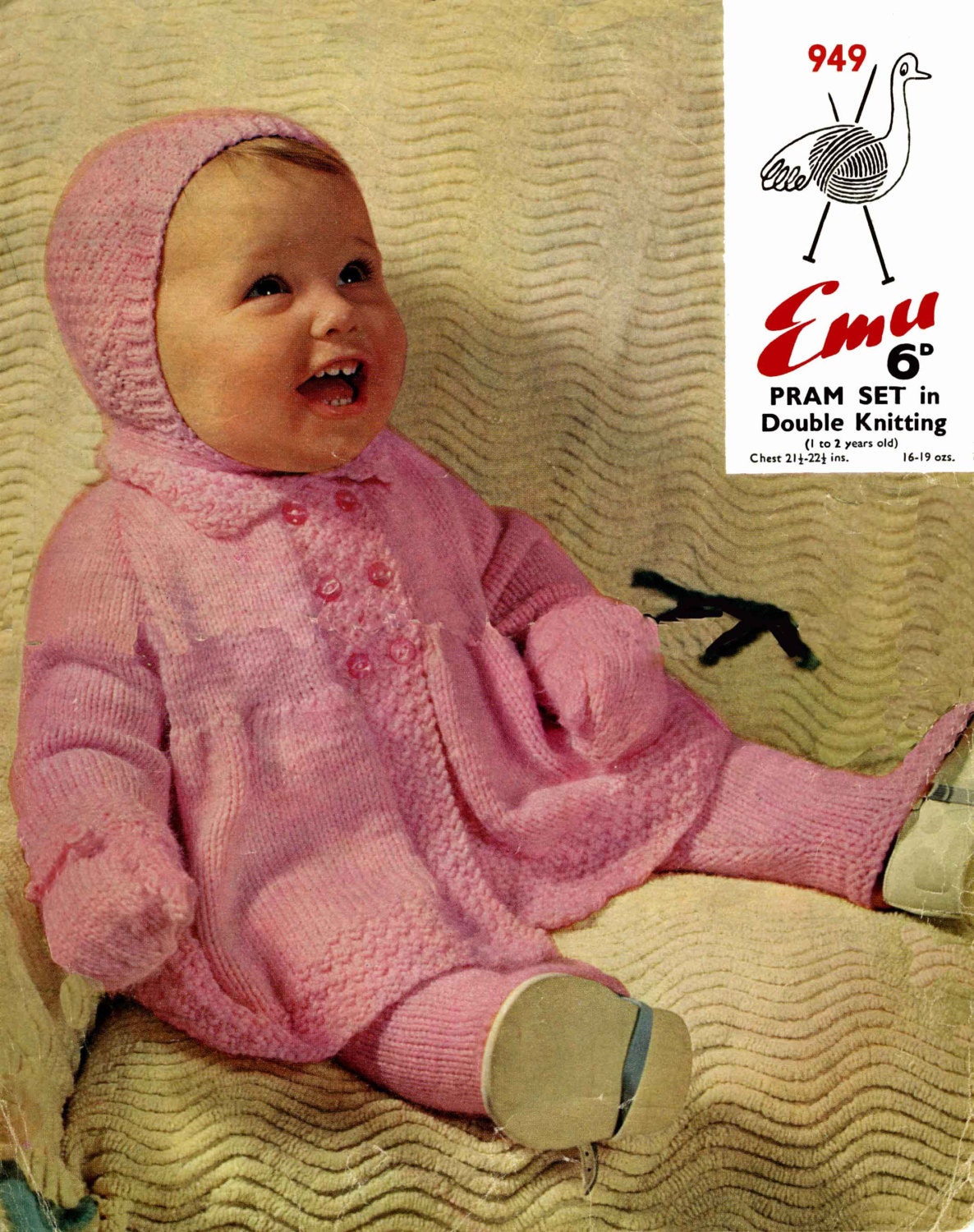 Baby Pram Set, Coat, Leggings, Hat, Mitts, 1-2 years, DK, 60s Knitting Pattern, Emu 949