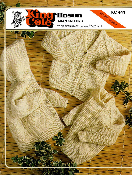 Childrens Aran Jumper, Jacket, & Cardigan, 60s Knitting Pattern, King Cole 441