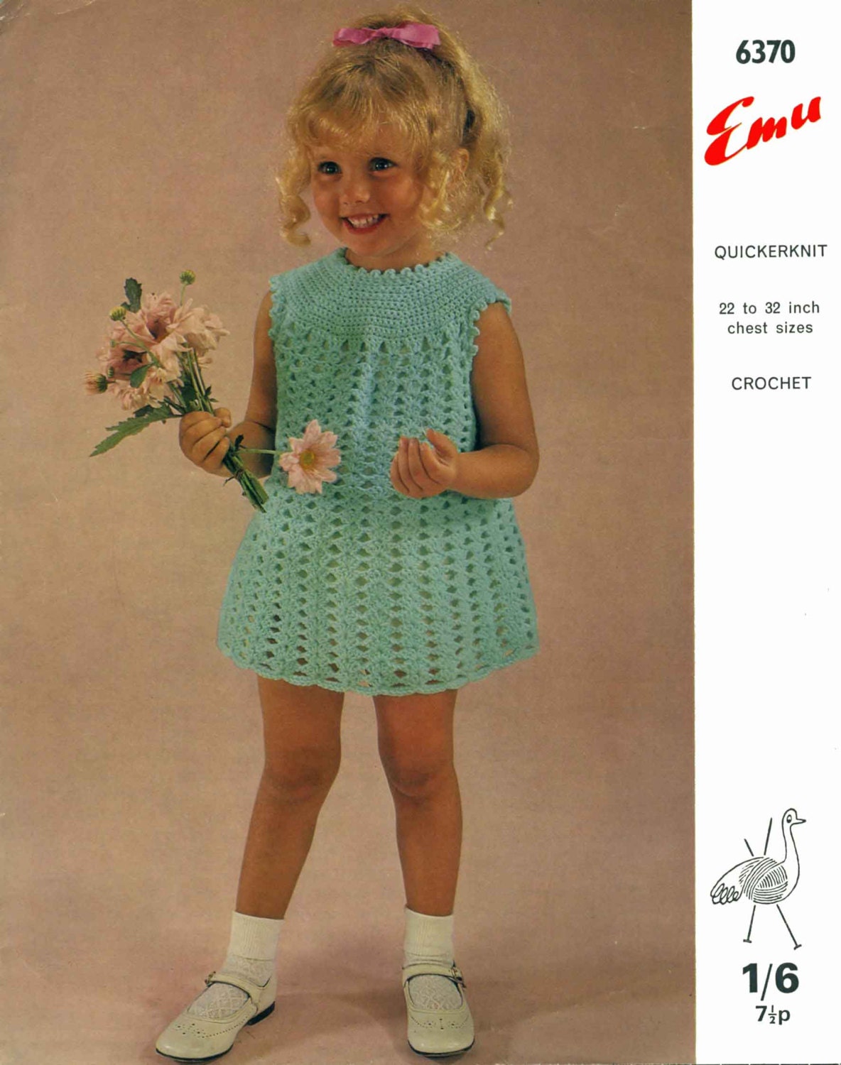 Girl Crochet Dress, 22"-32" Chest, 4ply, 70s Crochet Pattern, Emu 6370