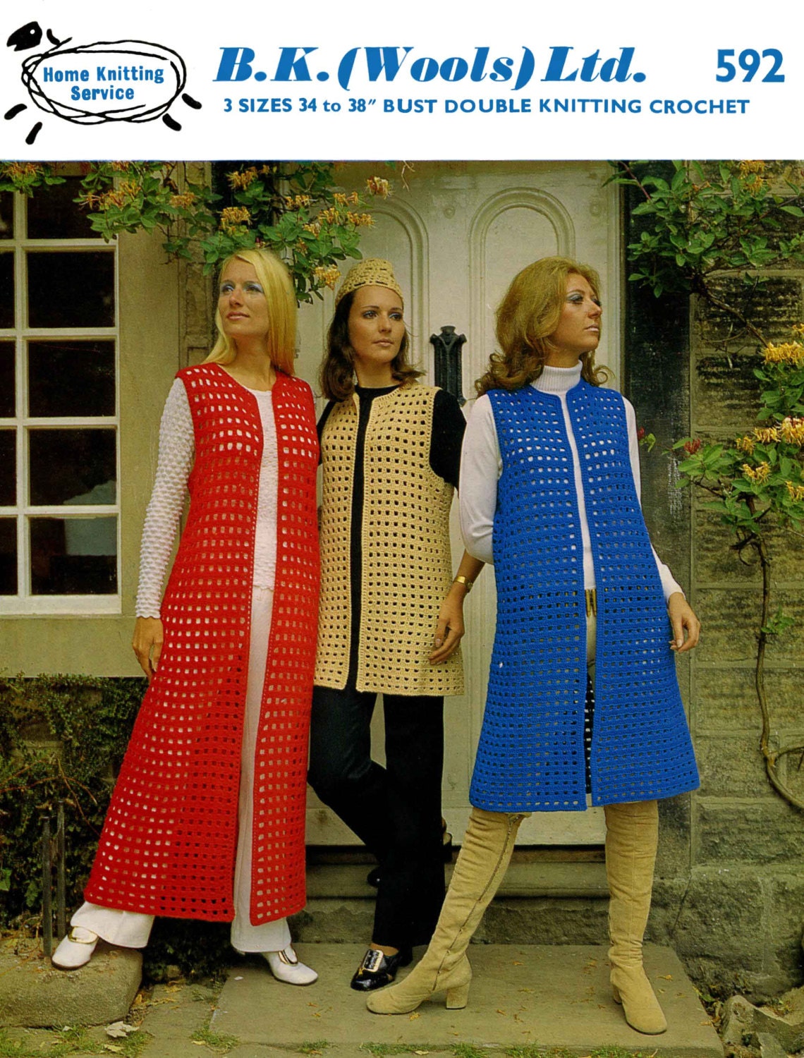 Ladies Long Sleeveless Jacket, DK, 34"-38" Bust, 70s Crochet Pattern, B.K.Wools 592
