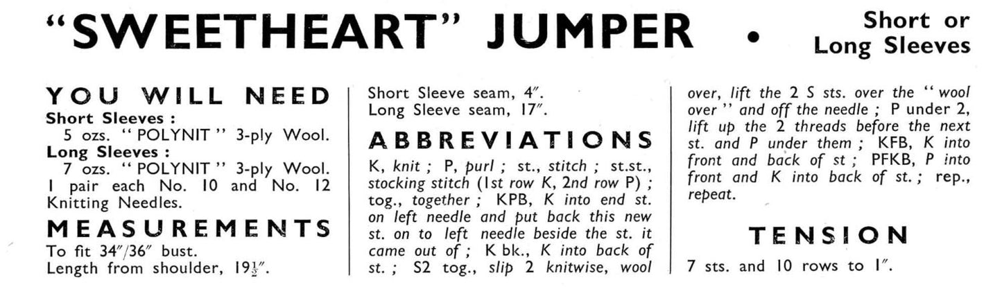 Ladies Sweetheart Jumper, 34"/36" Bust, 3ply, 50s Knitting Pattern, Golden Eagle 760