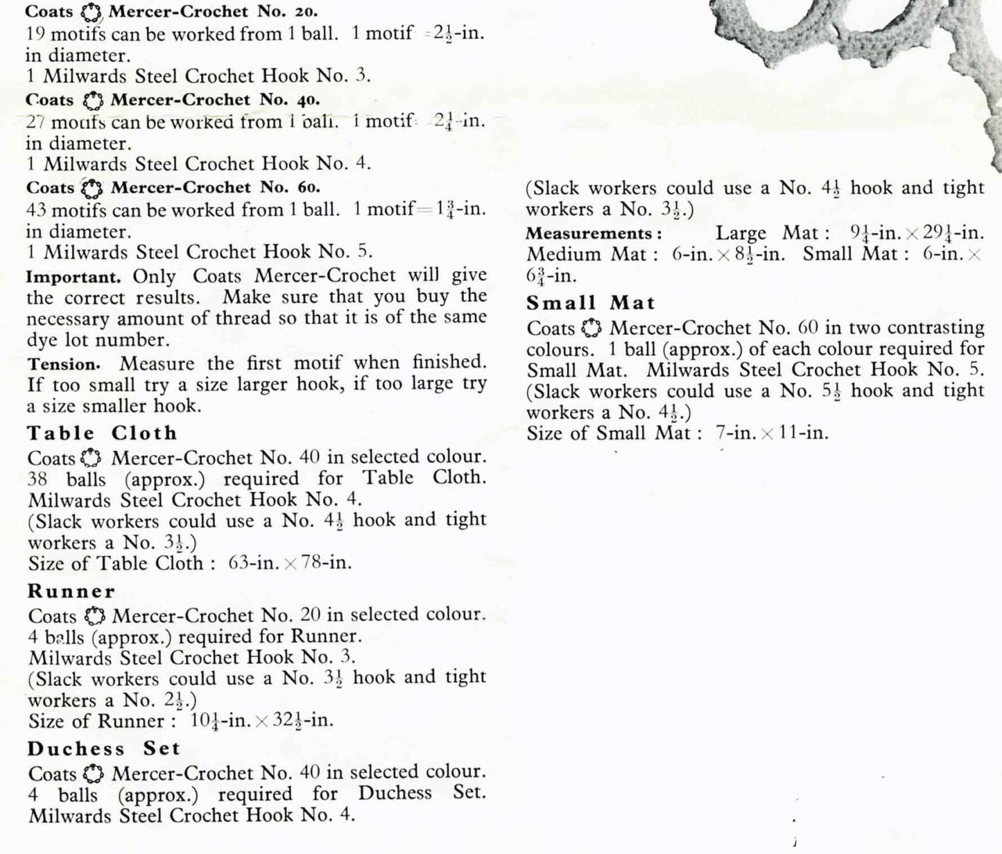 Table Runner and Mats, Duchess Set, (Chariot Wheel Motif) 50s Crochet Pattern, Coats 335