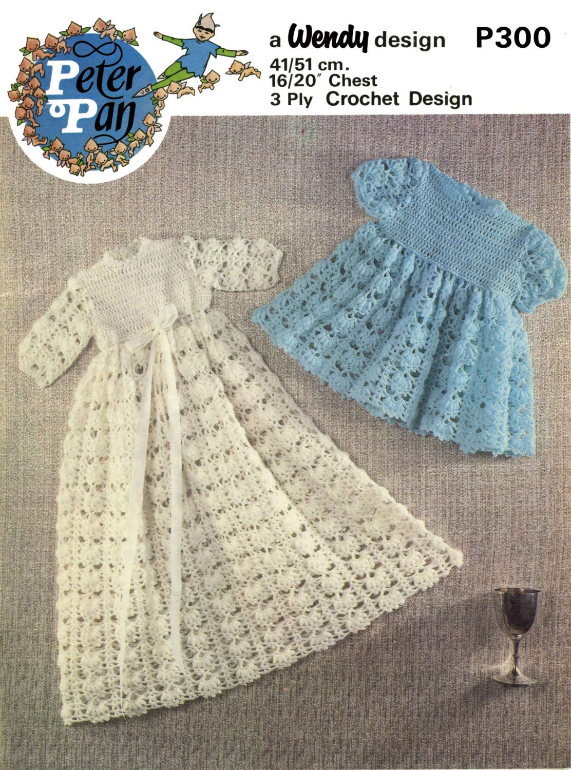 Baby's Christening Gown and Short Dress, 3ply, 60s Crochet Pattern, Wendy 300