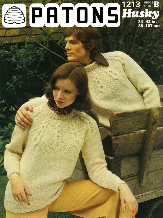 Men's and Ladies Sweater / Jumper, 34"-42" Chest / Bust, Chunky, 70s Knitting Pattern, Patons 1213