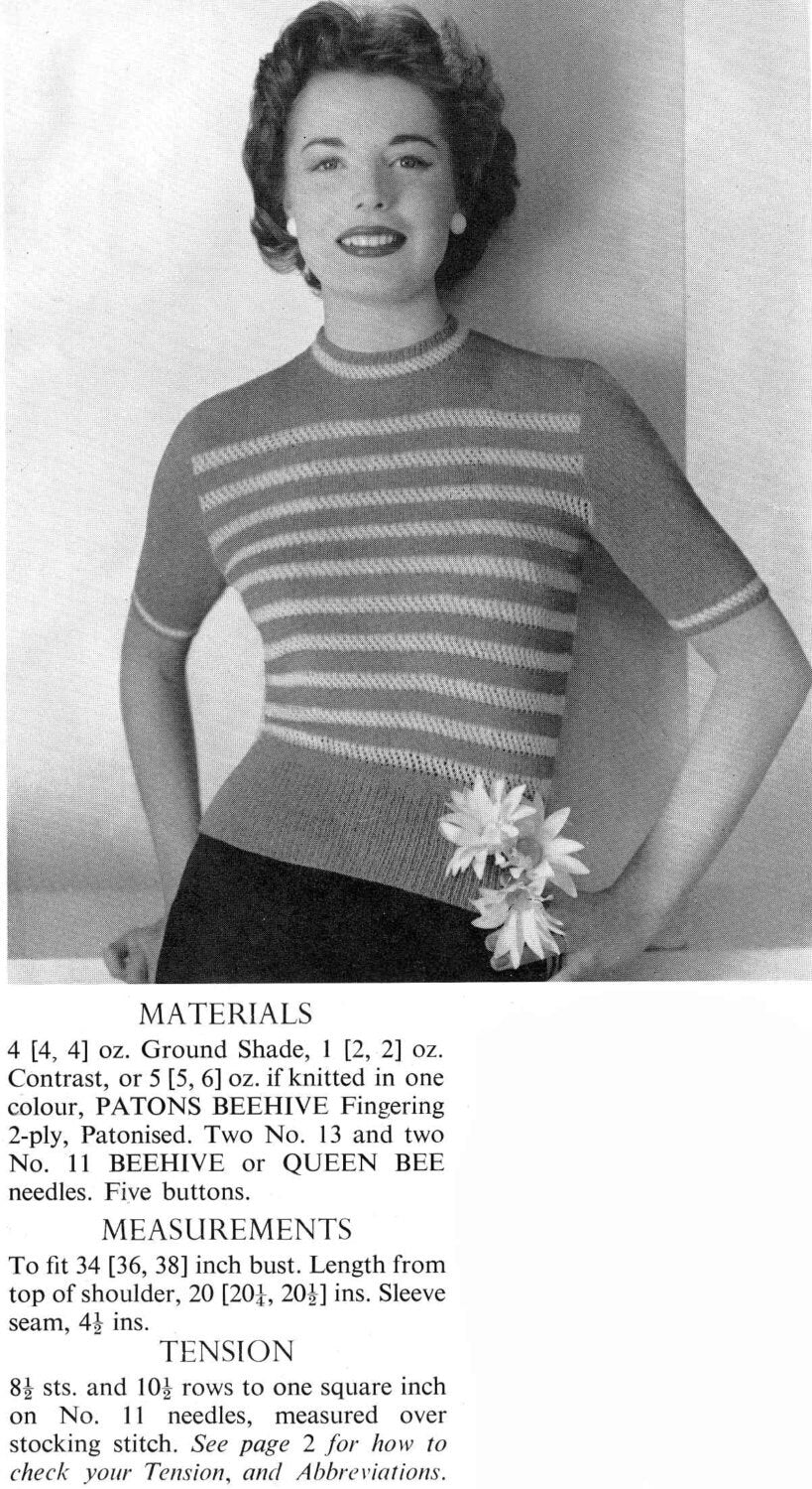 Ladies Jumper in 3 Styles, 34"-38" Bust, 2ply, 50s Knitting Pattern, P&B 723
