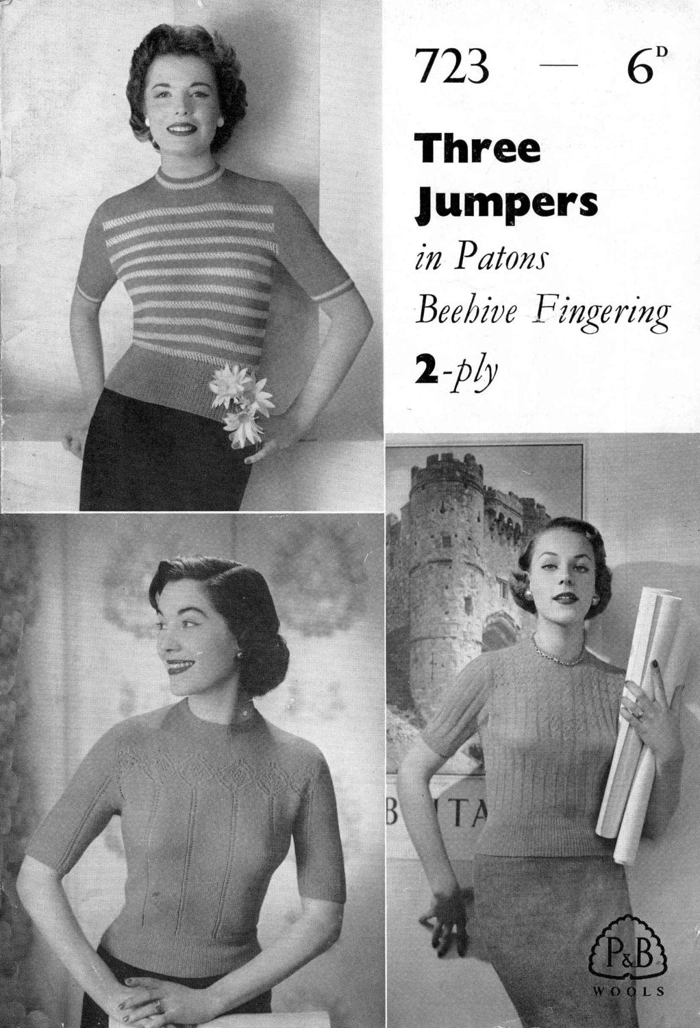 Ladies Jumper in 3 Styles, 34"-38" Bust, 2ply, 50s Knitting Pattern, P&B 723