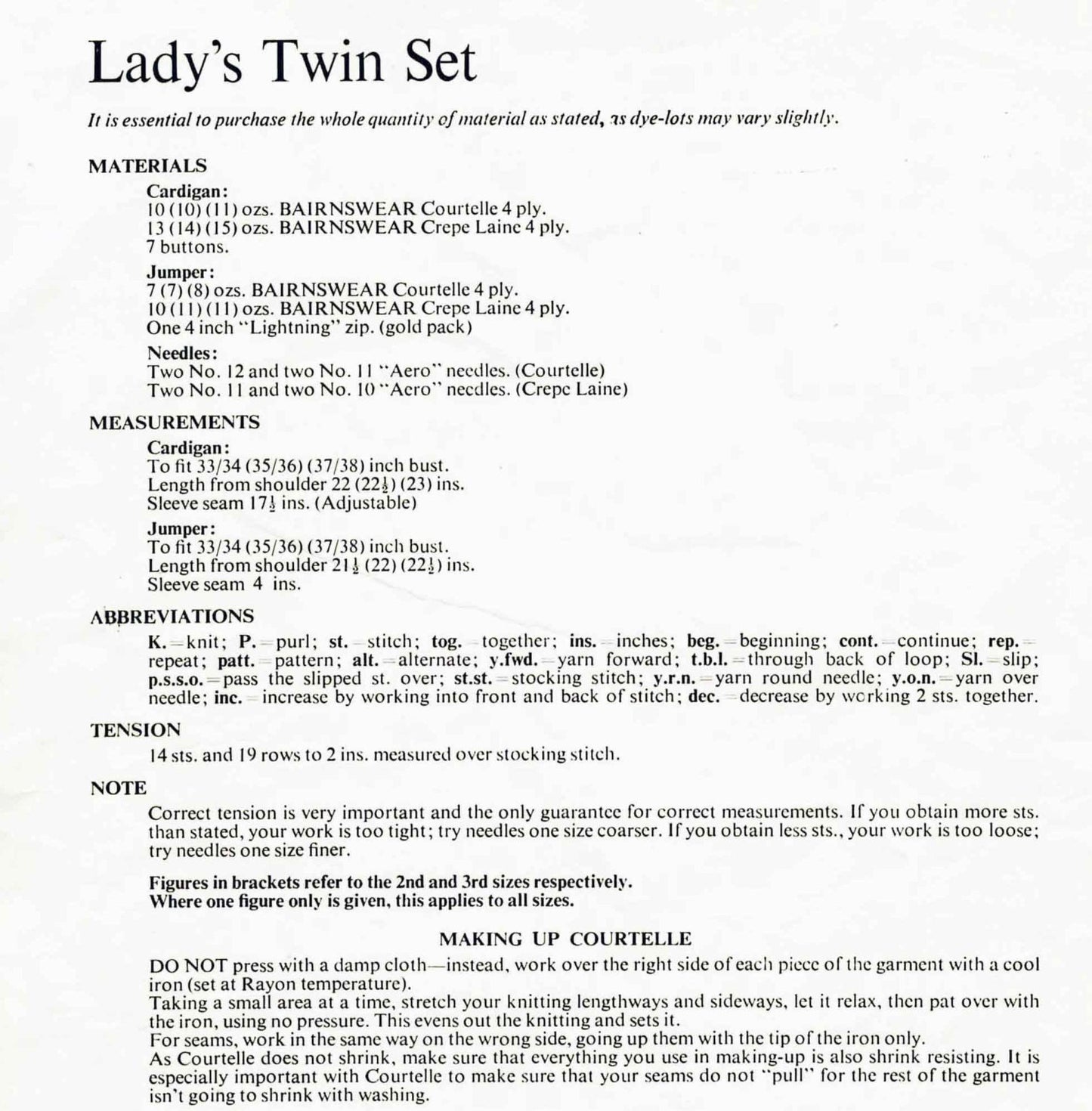 Ladies Twin Set, Cardigan & Jumper, 33"-38" Bust, 4ply, 60s Knitting Pattern, Bairnswear 299