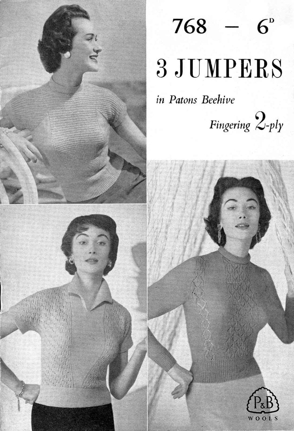 Ladies Jumper in Three Styles, 34"-38" Bust, 2ply, 50s Knitting Pattern, P&B 768