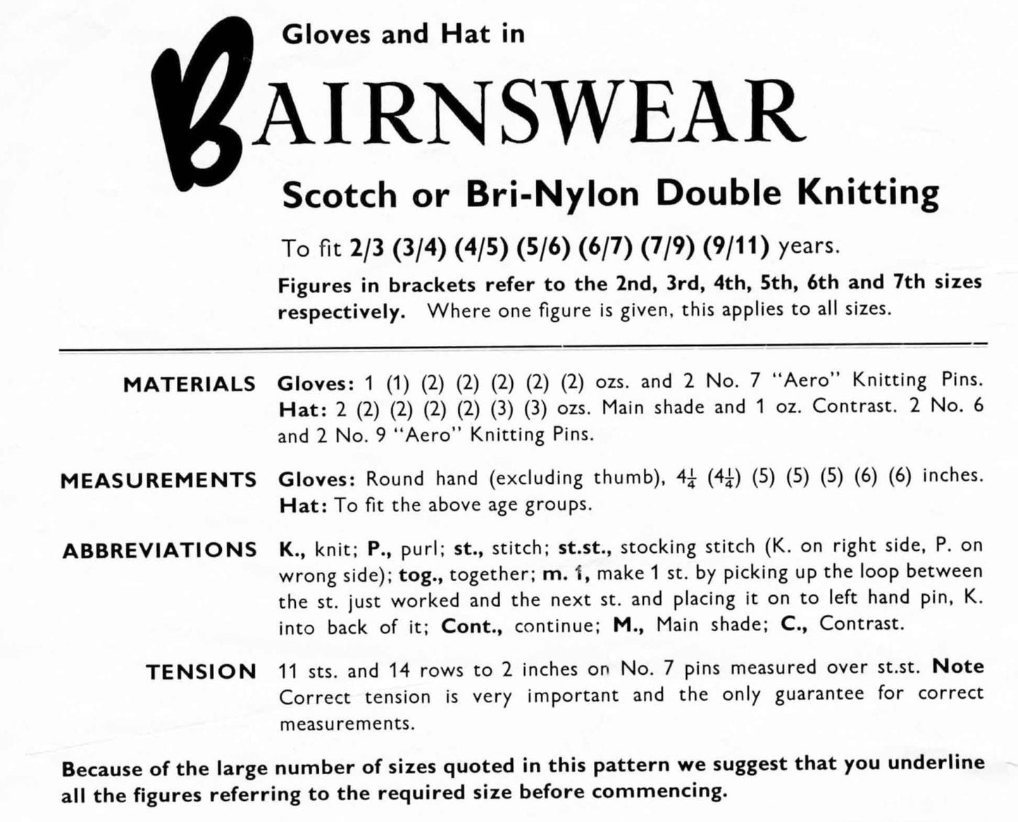Children's Hat and Gloves, 2-11 years, DK, 60s Knitting Pattern, Bairnswear 1584