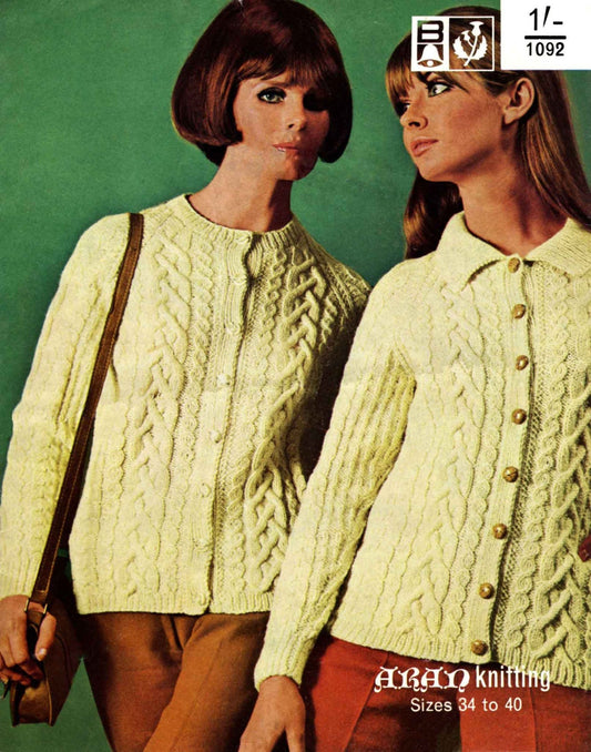 Ladies Jackets / Cardigan, in 2 Styles, 34"-40" Bust, Aran, 60s Knitting Pattern, Bellmans 1092
