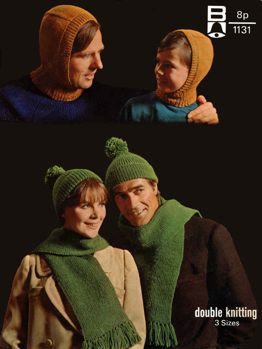 Mens, Ladies and Childrens, Hat, Balaclava and Scarf, DK, 70s Knitting Pattern, Bellmans 1131