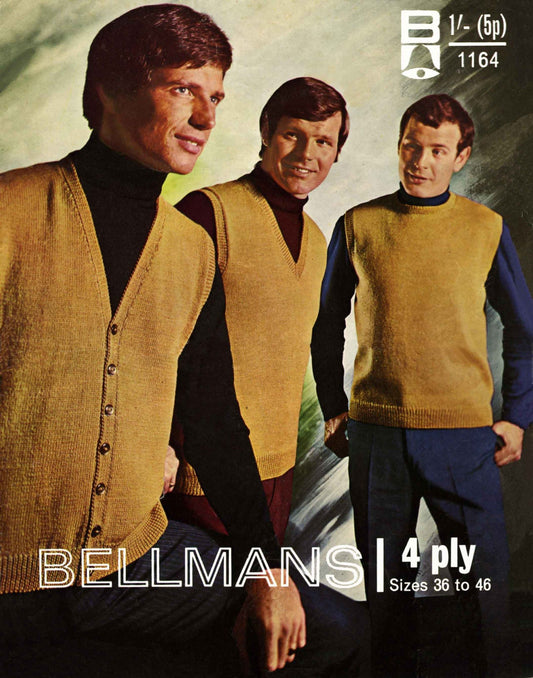 Mens Sleeveless Cardigan & Sleeveless Sweater, 36"-46" Chest, 4ply, 70s Knitting Pattern, Bellmans 1164