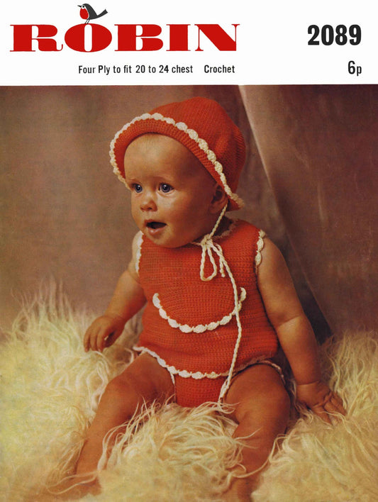 Baby Sun Suit, Top, Pants, Hat, 20"-24", 4ply, 70s Crochet Pattern, Robin 2089