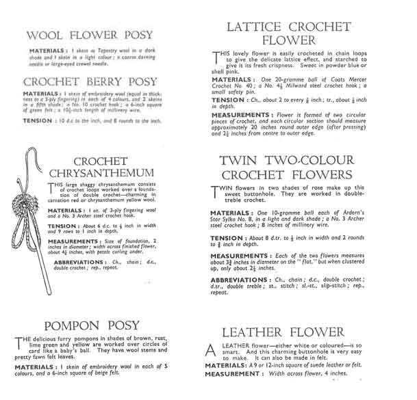 Ladies Variety of Flower Buttonholes / Corsage, 40s Crochet Pattern & Sewing Pattern, Bestway 587