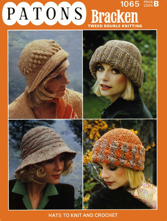 Ladies Hats in Four Styles, DK, 70s Knitting Pattern and Crochet Pattern, Patons 1065