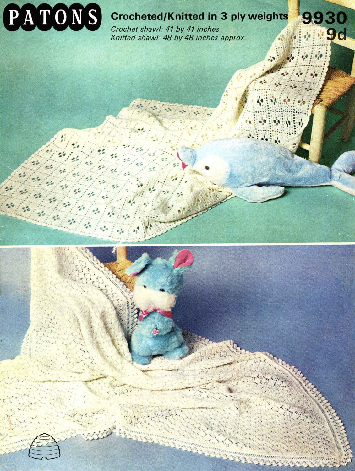 Baby Shawl / Blanket, 3ply, 60s Knitting & Crochet Pattern, Patons 9930