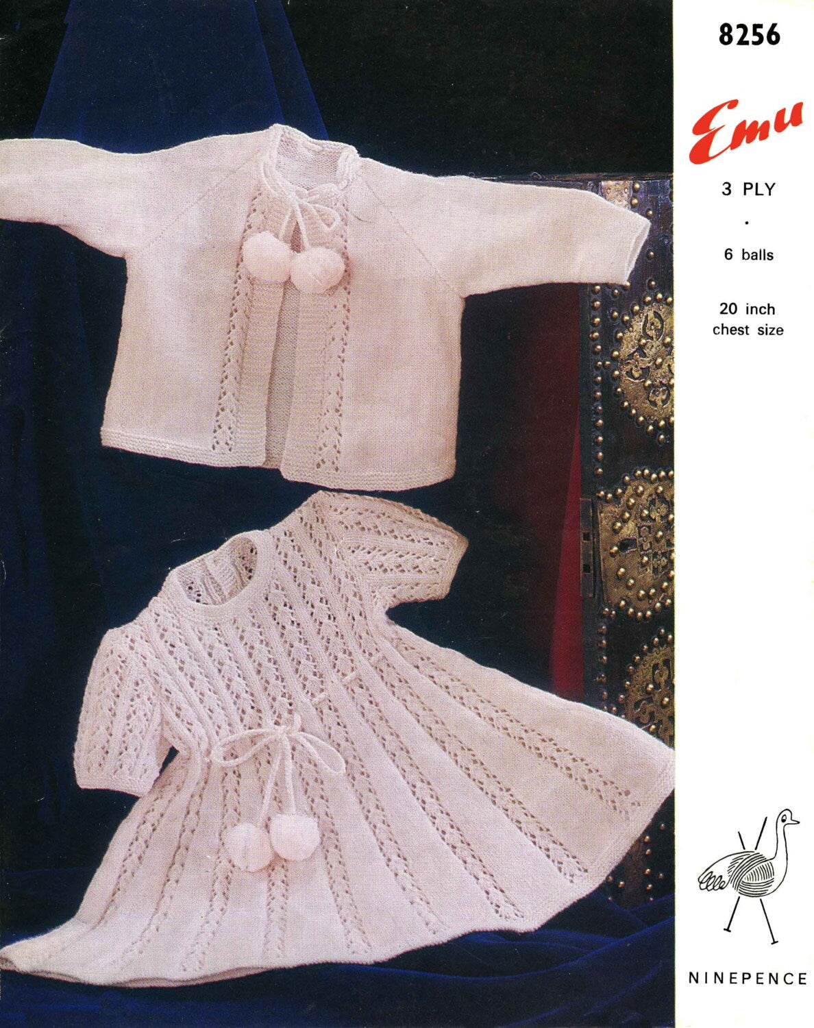 Baby Dress and Jacket, 3ply, 70s Knitting Pattern, Emu 8256